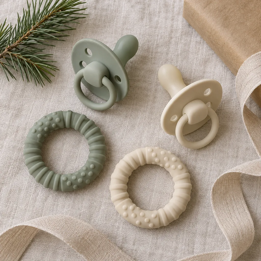 Representative photo-style image of silicone orthodontic pacifier set — generated, not a specific product