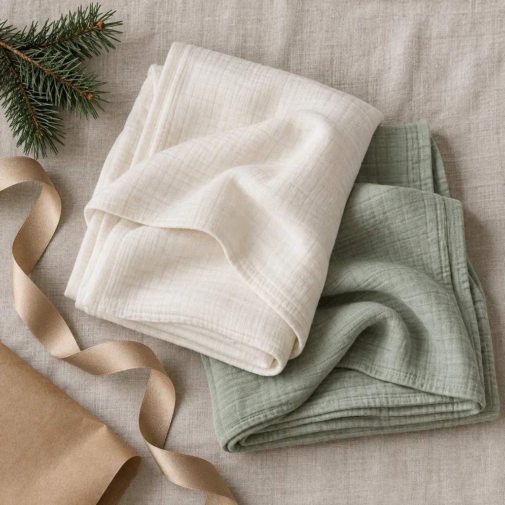 Representative photo-style image of silky bamboo blend receiving cloths — generated, not a specific product
