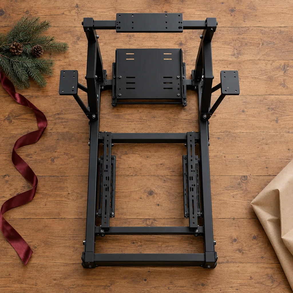 Representative photo-style image of sim racing cockpit frame — generated, not a specific product
