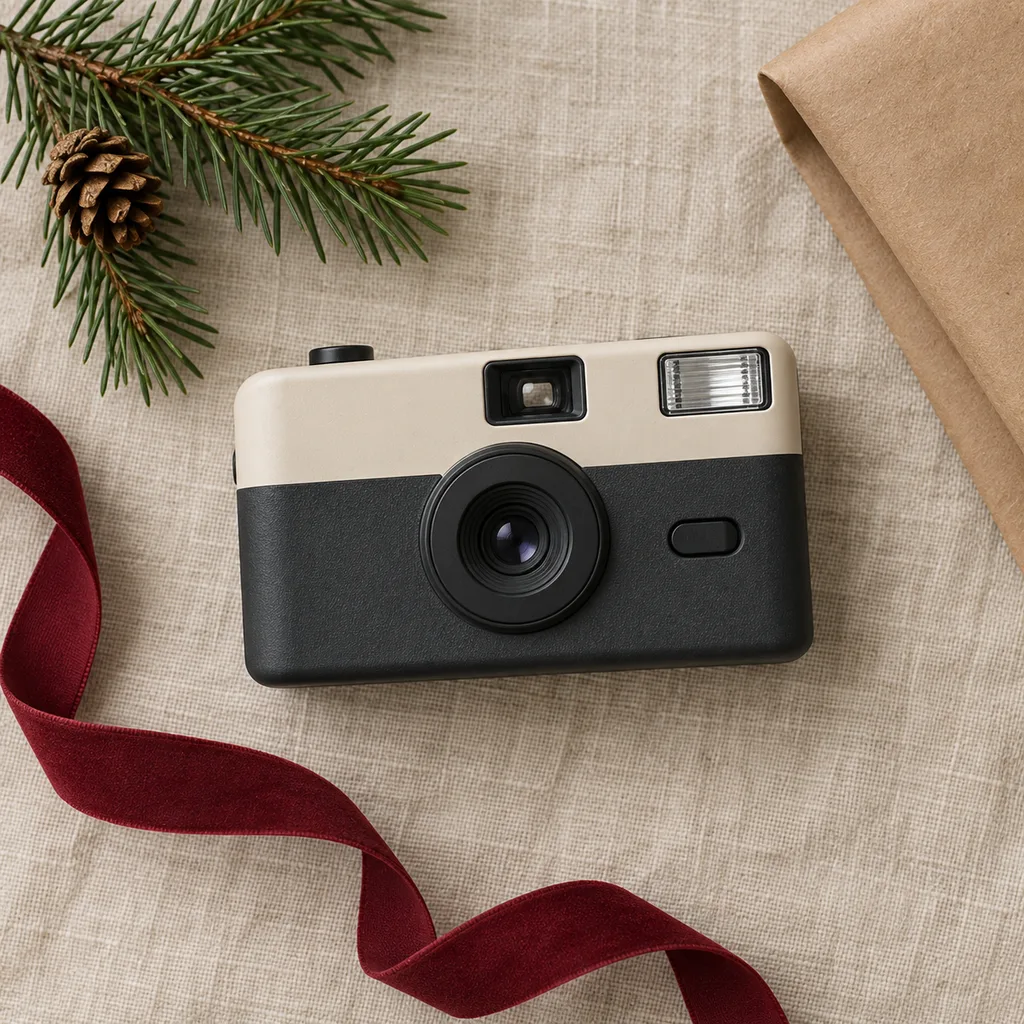 Representative photo-style image of simple reusable 35mm film camera — generated, not a specific product