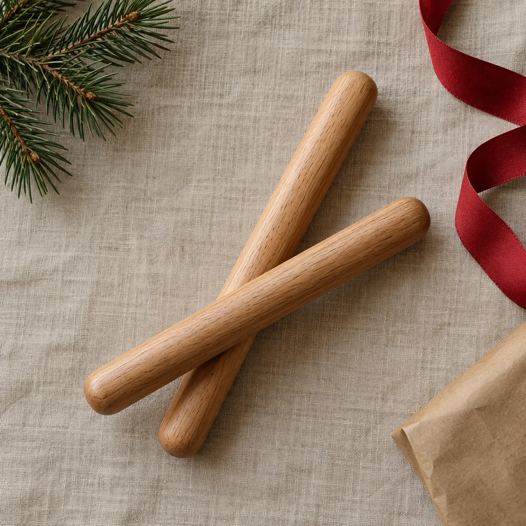 Representative photo-style image of simple wooden rhythm sticks — generated, not a specific product