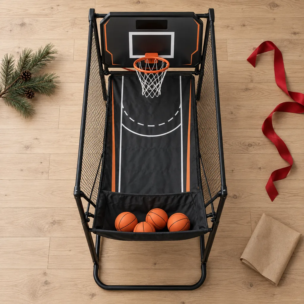 Representative photo-style image of single player electronic basketball shootout — generated, not a specific product