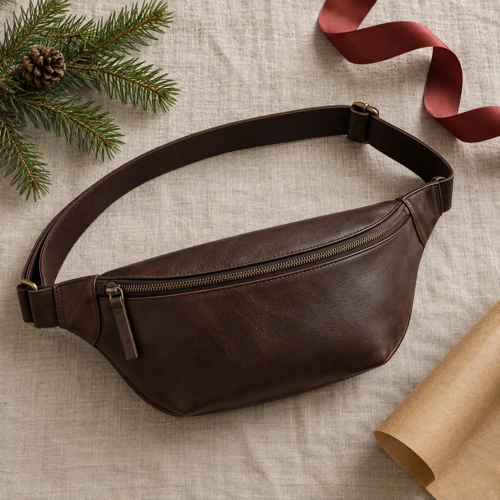 Representative photo-style image of sleek leather waist pouch — generated, not a specific product