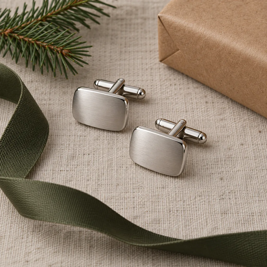 Representative photo-style image of sleek minimalist cufflinks — generated, not a specific product