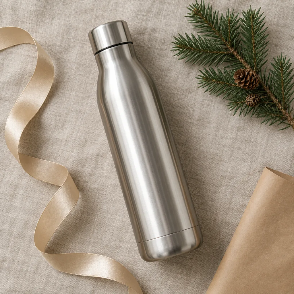 Representative photo-style image of sleek stainless steel water bottle — generated, not a specific product