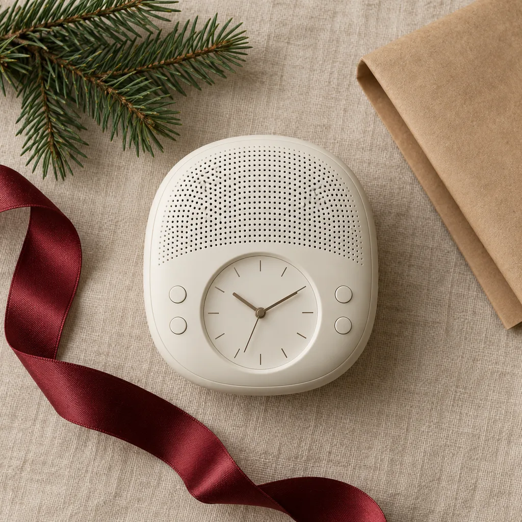 Representative photo-style image of sleep sound machine with alarm clock — generated, not a specific product