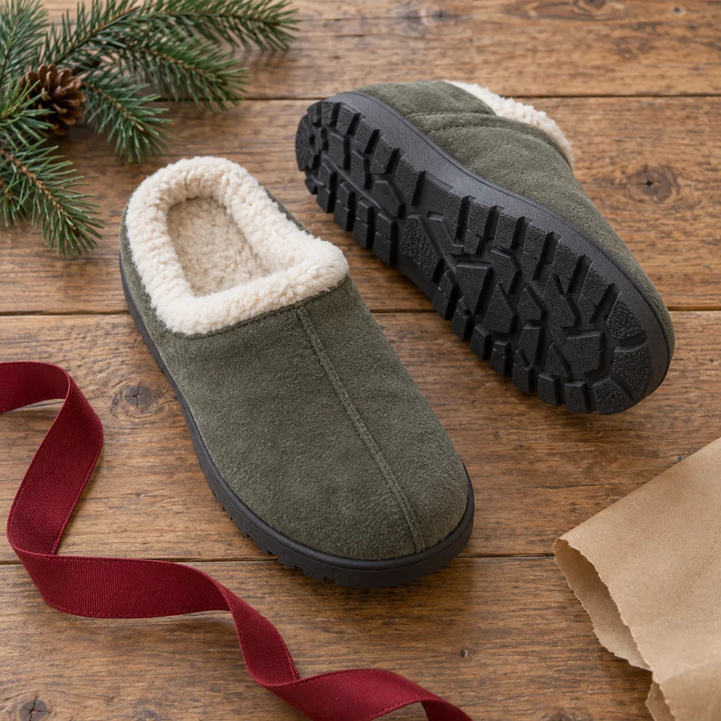 Representative photo-style image of slippers with durable outdoor sole — generated, not a specific product