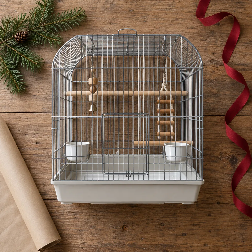 Representative photo-style image of small bird aviary cage — generated, not a specific product