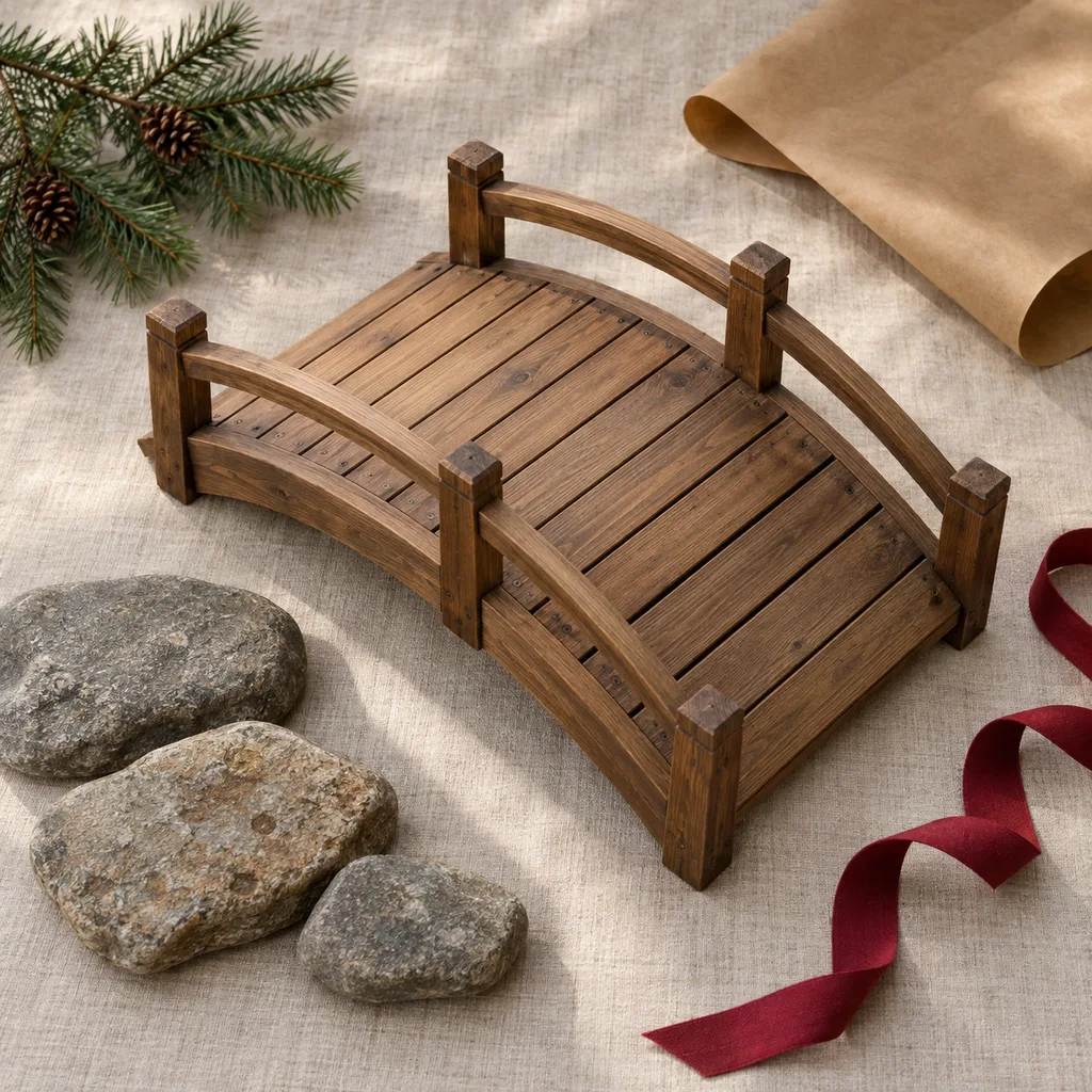 Representative photo-style image of small decorative garden bridge — generated, not a specific product