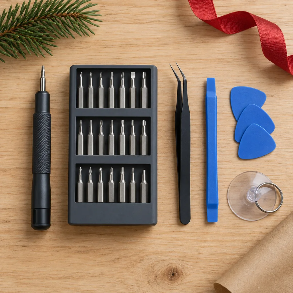 Representative photo-style image of small device repair tool set — generated, not a specific product
