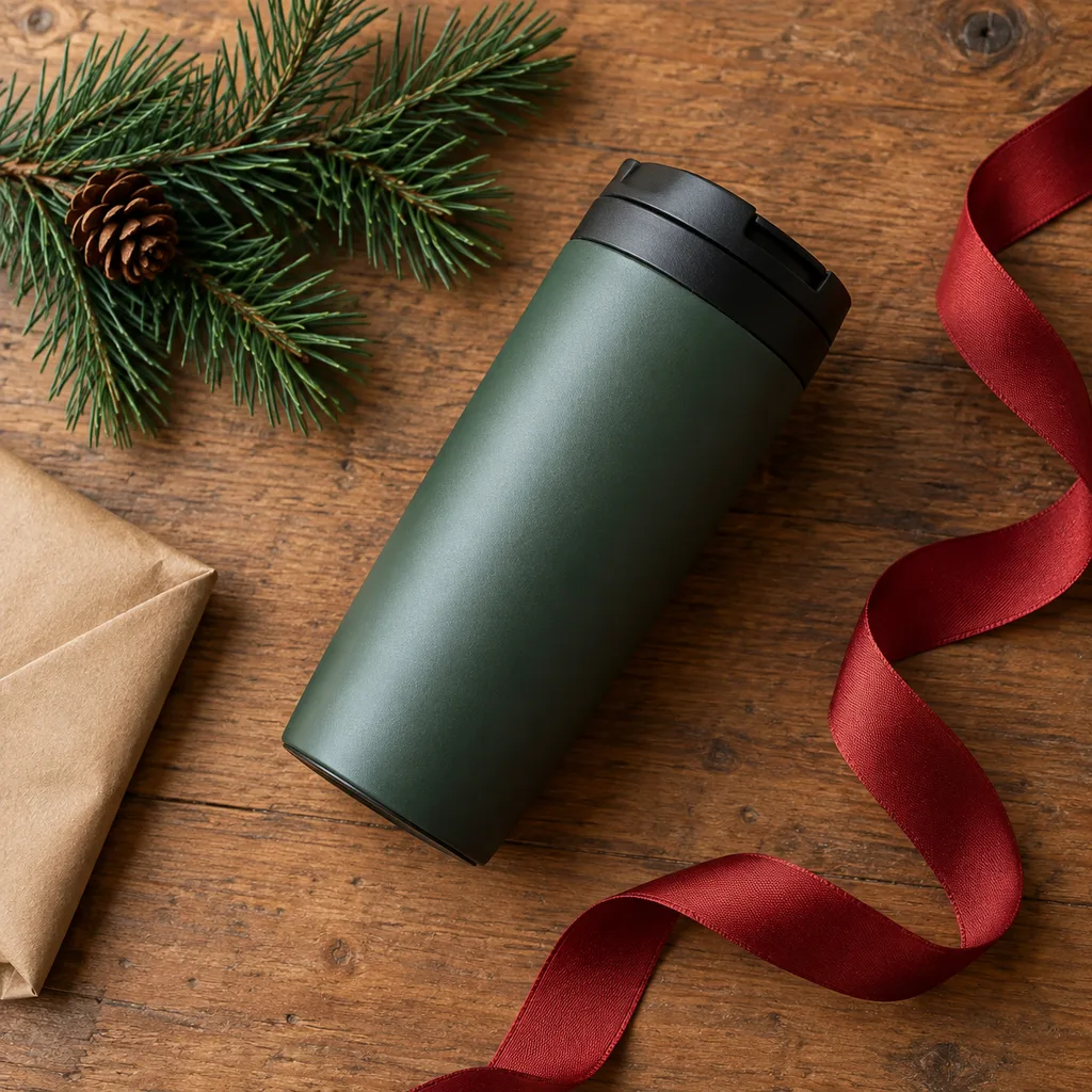 Representative photo-style image of small portable coffee tumbler — generated, not a specific product