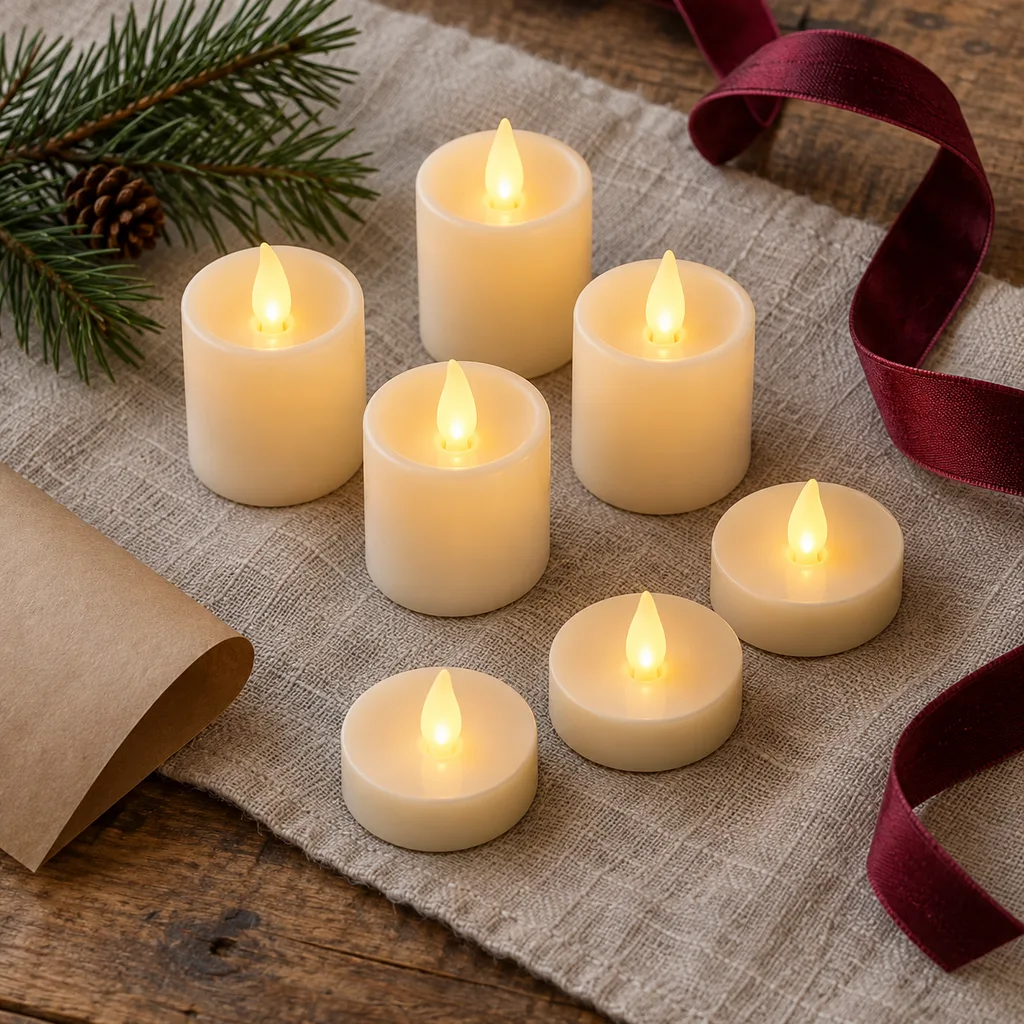 Representative photo-style image of small votive and tea light flameless sets — generated, not a specific product