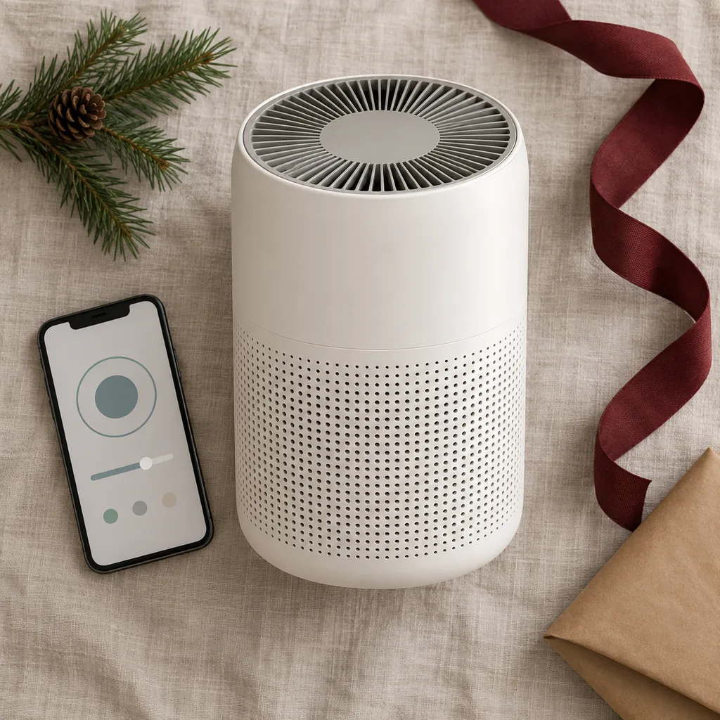 Representative photo-style image of smart app-controlled air purifier — generated, not a specific product