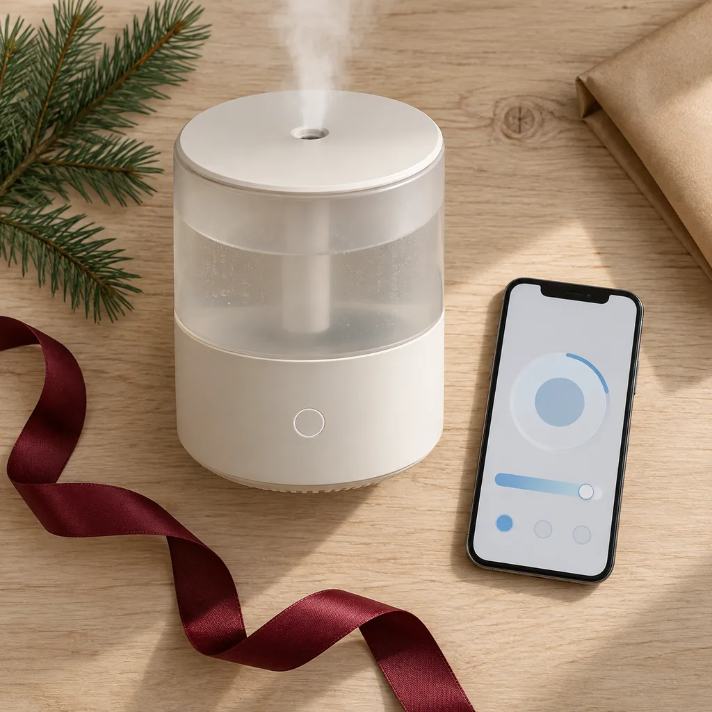 Representative photo-style image of smart app-controlled humidifier — generated, not a specific product