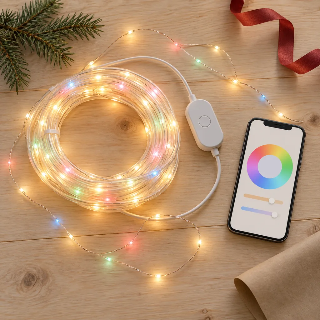 Representative photo-style image of smart app-controlled string lights — generated, not a specific product