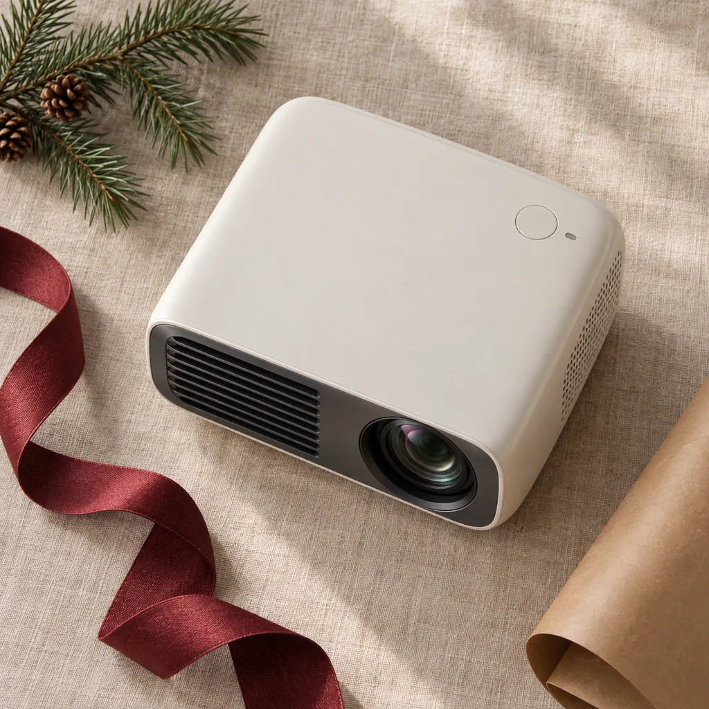 Representative photo-style image of smart projector with built-in apps — generated, not a specific product