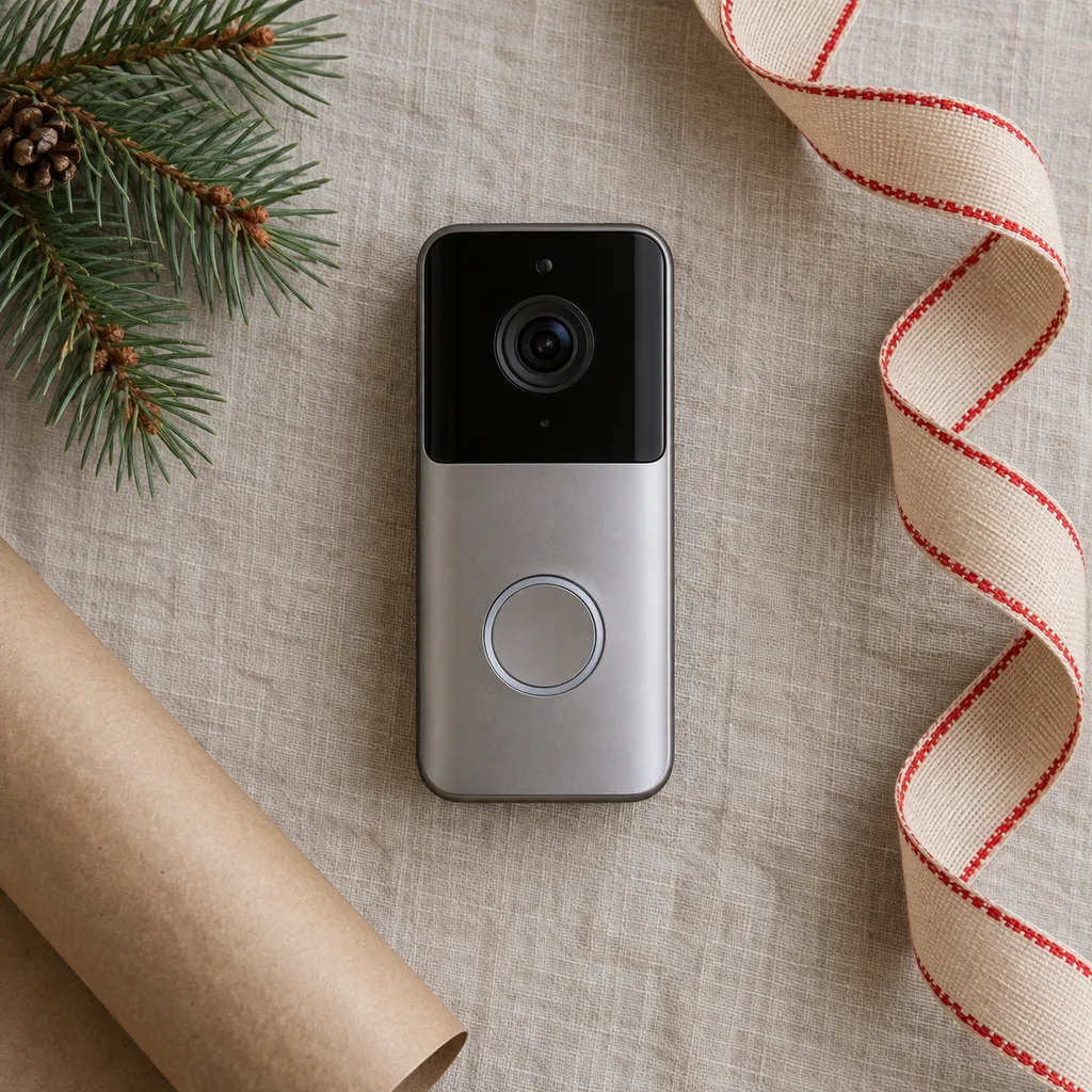 Representative photo-style image of smart video doorbell camera — generated, not a specific product