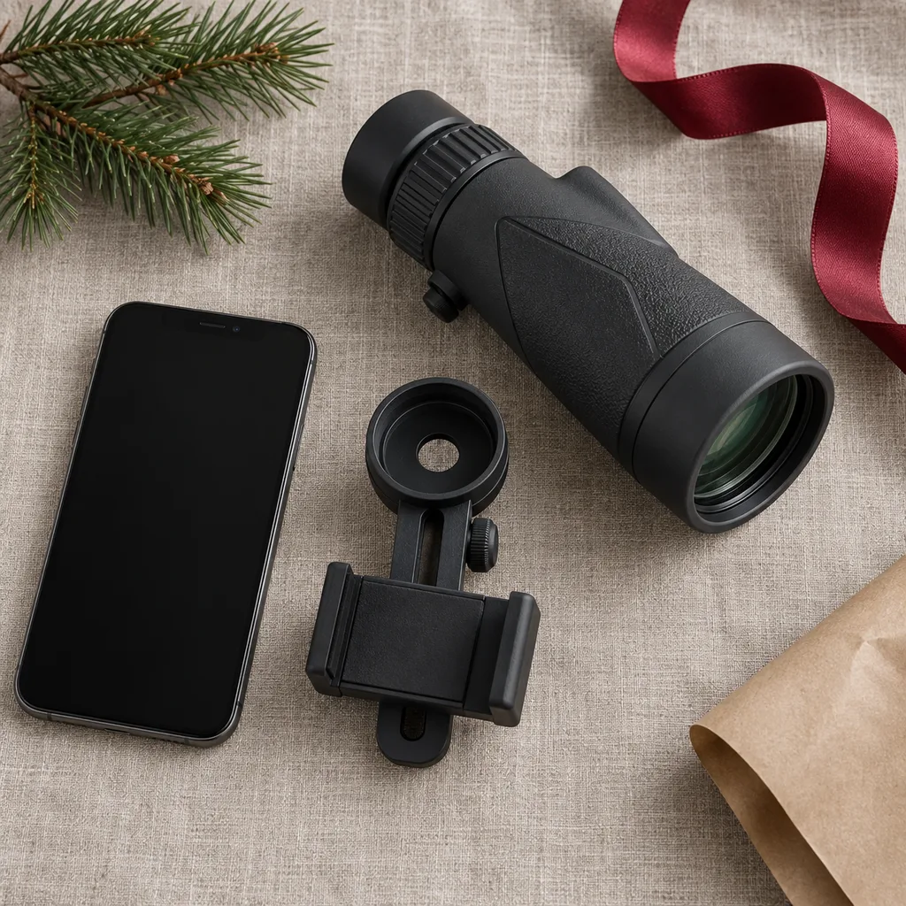 Representative photo-style image of smartphone digiscoping monocular — generated, not a specific product