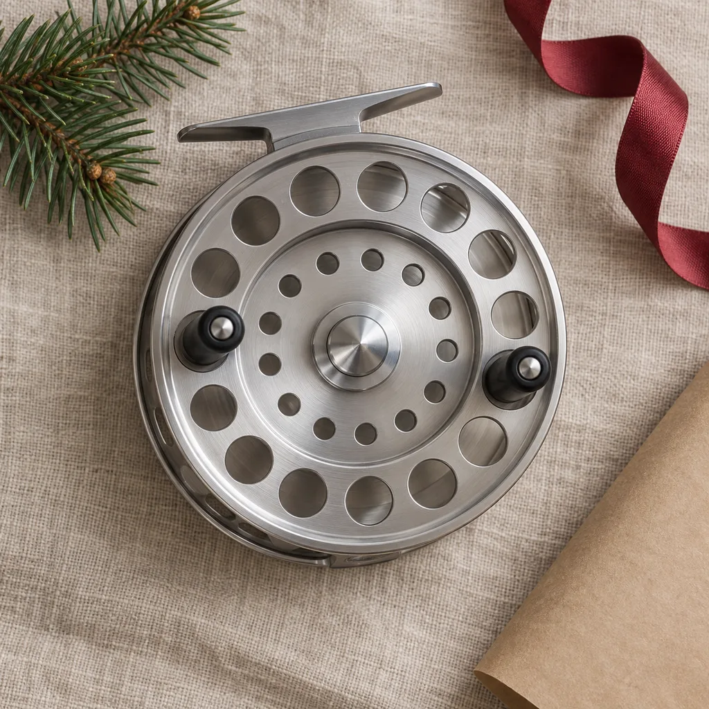 Representative photo-style image of smooth centrepin fishing reel — generated, not a specific product