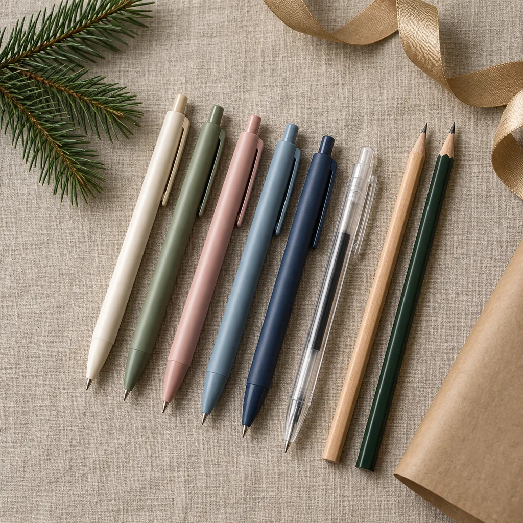 Representative photo-style image of smooth gel pen assortment — generated, not a specific product