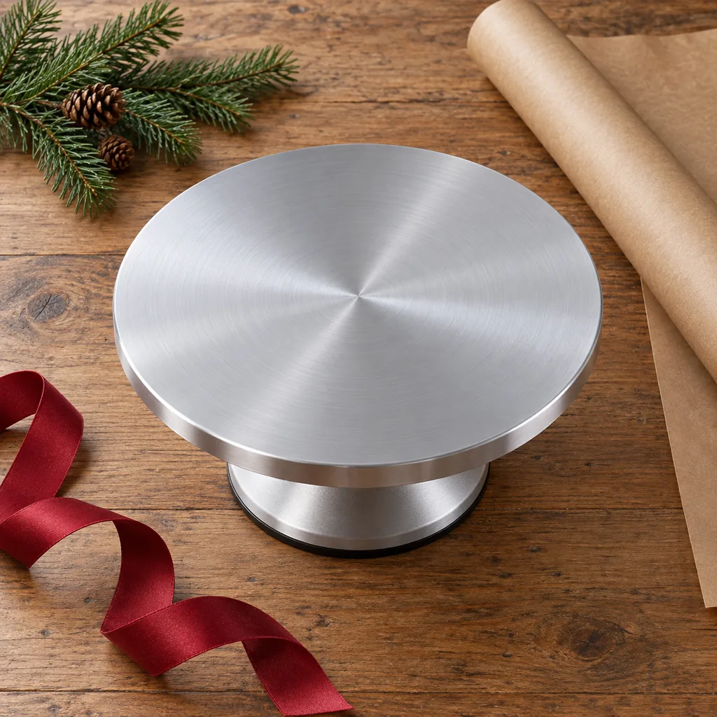 Representative photo-style image of smooth rotating cake turntable — generated, not a specific product