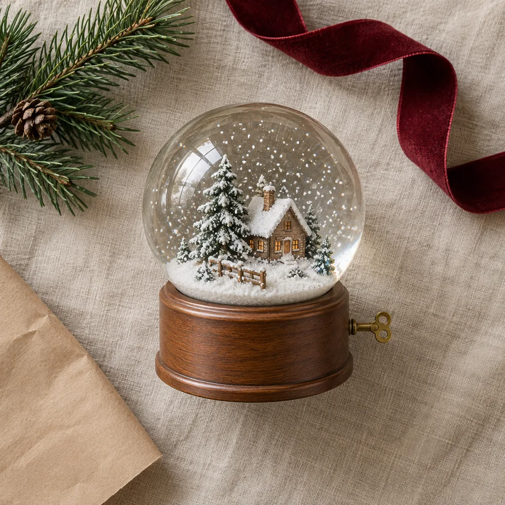 Representative photo-style image of snow globe with music — generated, not a specific product