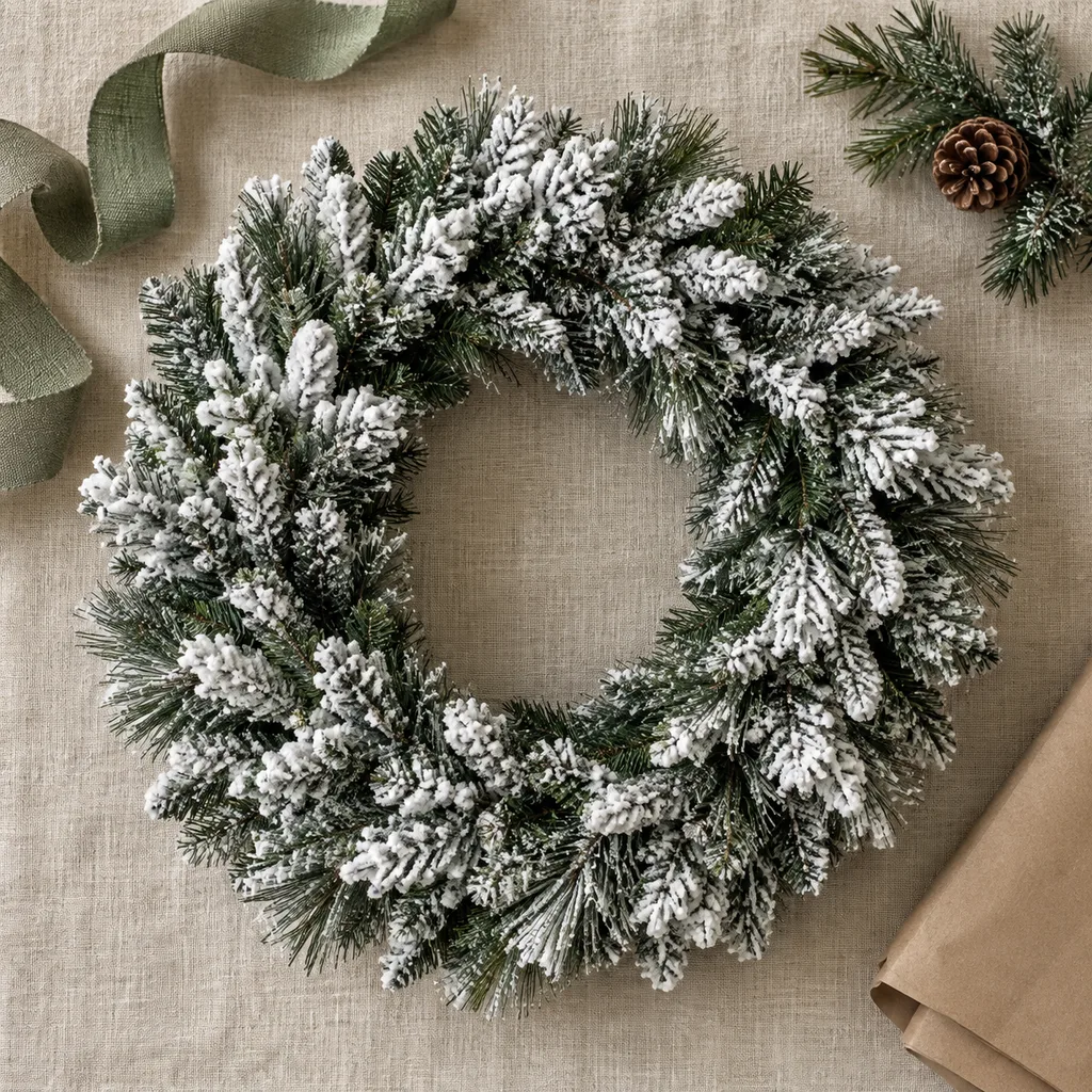 Representative photo-style image of snowy flocked winter wreath — generated, not a specific product