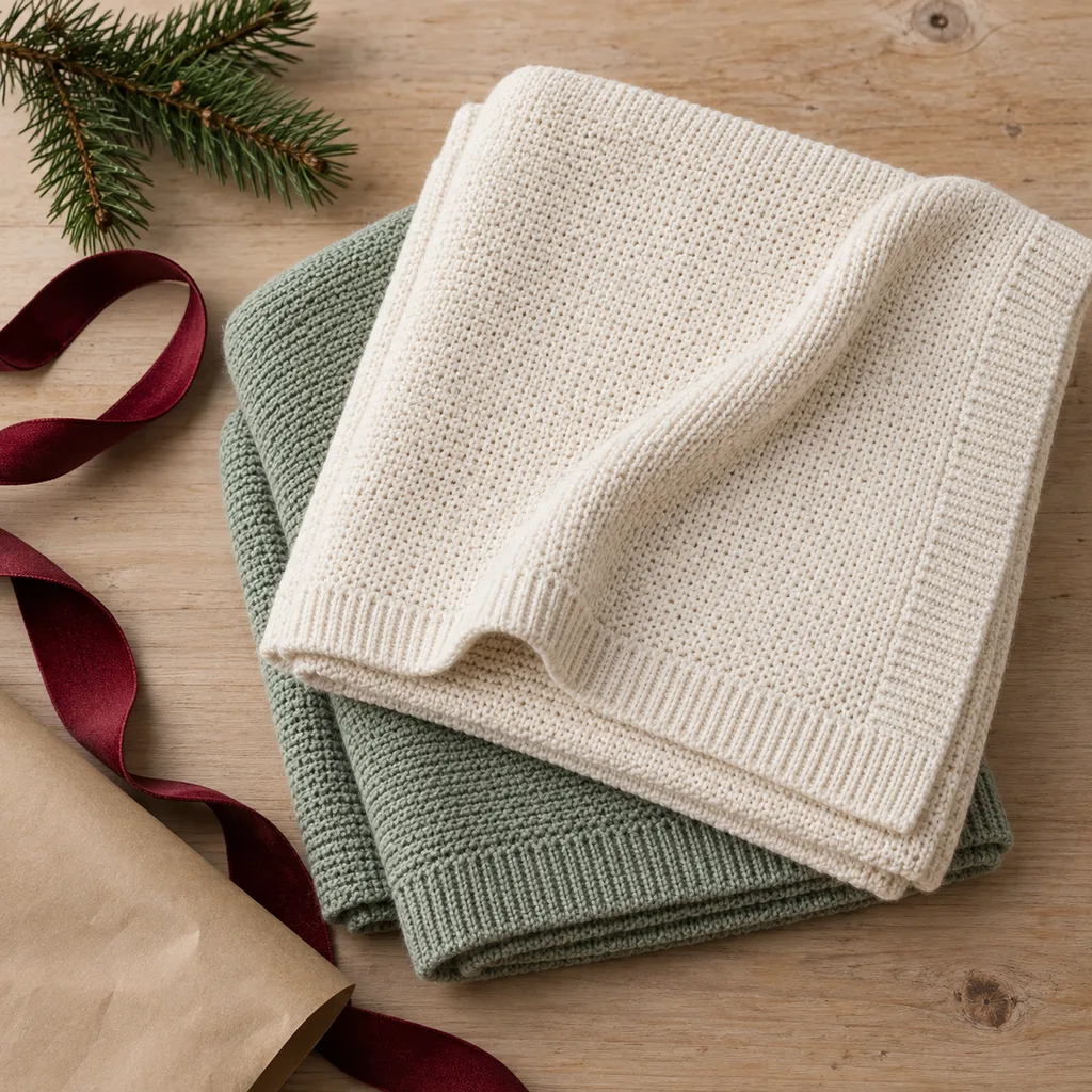 Representative photo-style image of soft knit swaddling blankets — generated, not a specific product