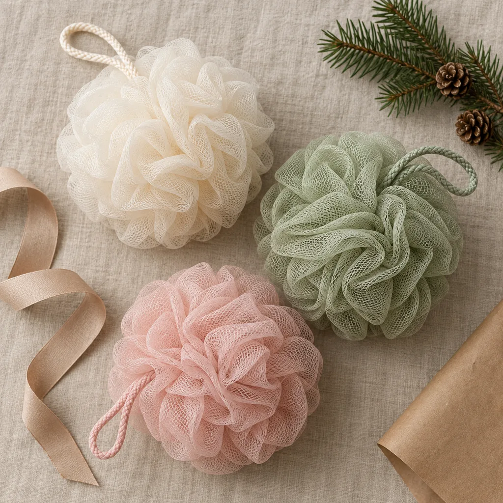 Representative photo-style image of soft mesh bath pouf set — generated, not a specific product