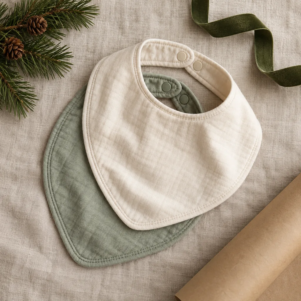 Representative photo-style image of soft organic cotton drool bibs — generated, not a specific product