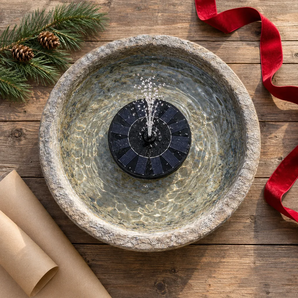 Representative photo-style image of solar bird bath fountain — generated, not a specific product