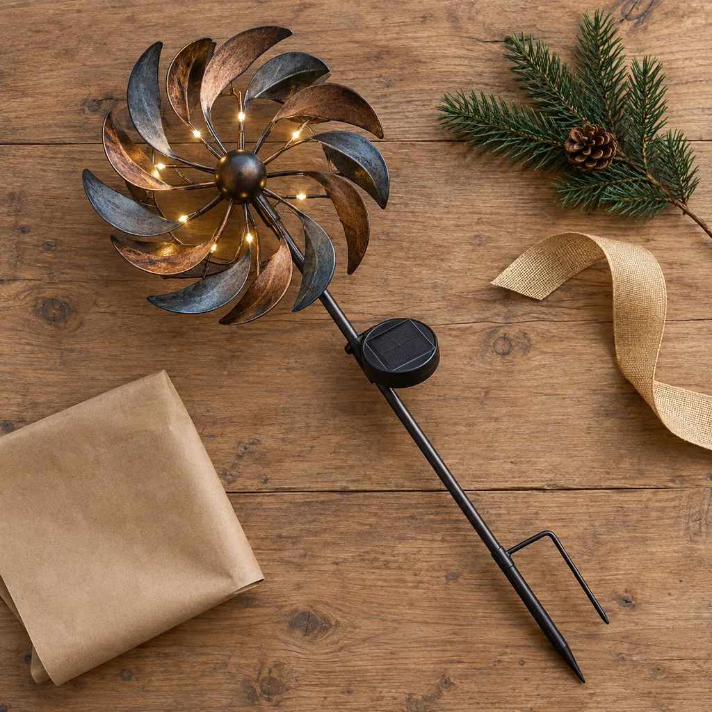 Representative photo-style image of solar-powered led wind spinner — generated, not a specific product