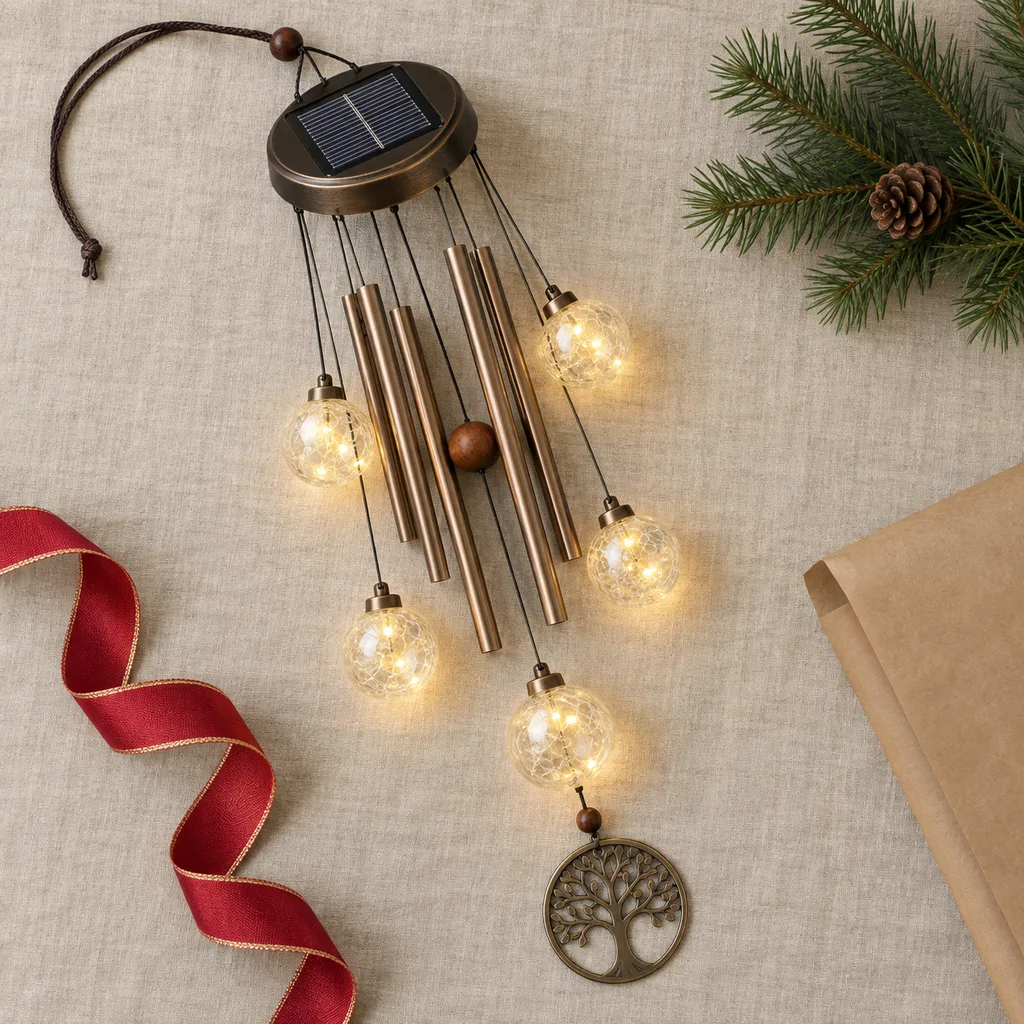 Representative photo-style image of solar-powered lighted wind chimes — generated, not a specific product