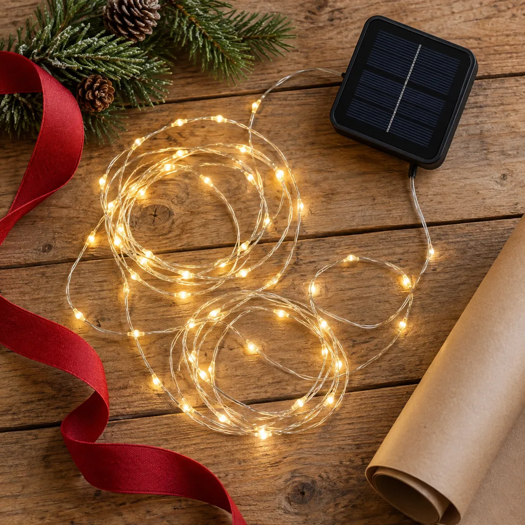 Representative photo-style image of solar powered string lights — generated, not a specific product