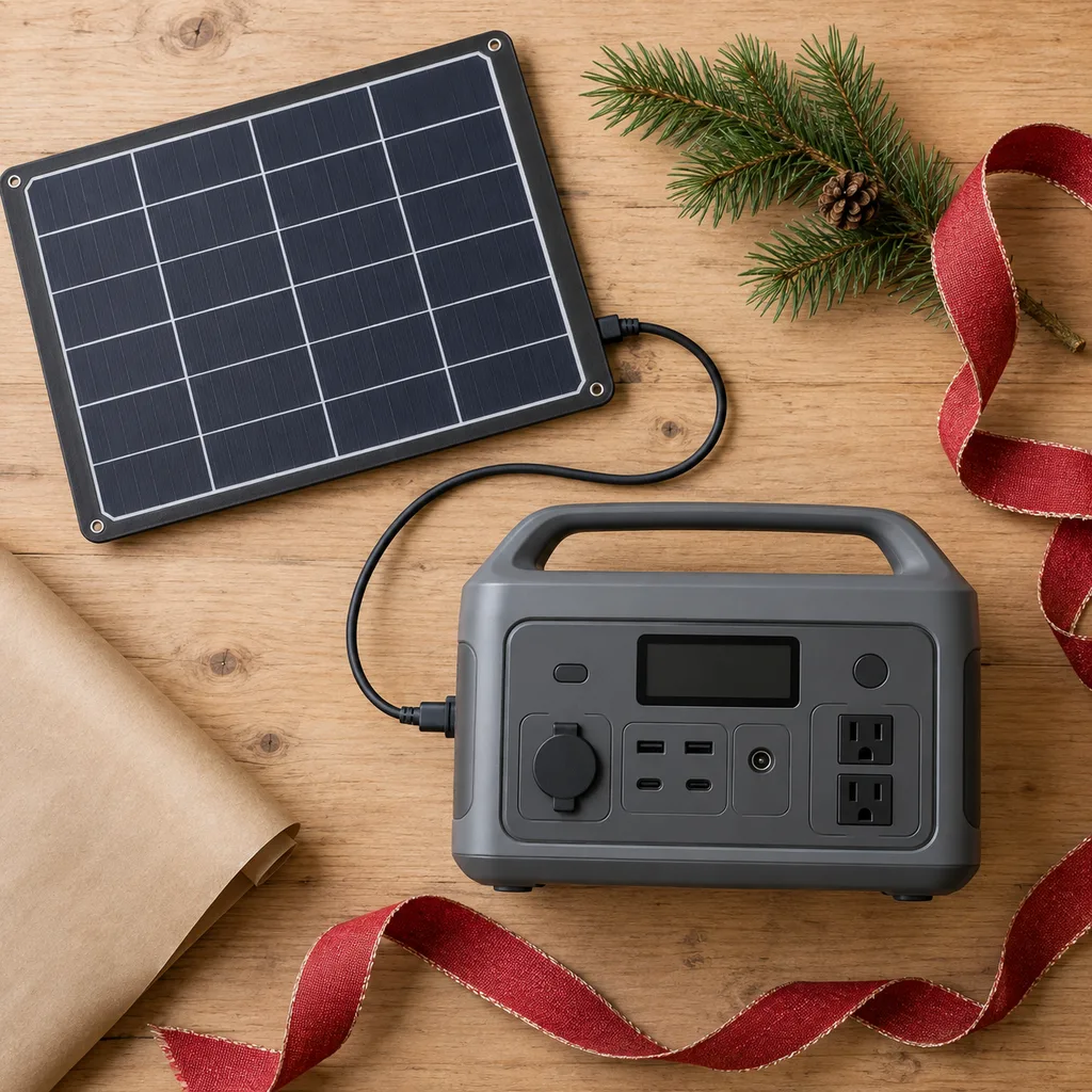 Representative photo-style image of solar rechargeable power generator — generated, not a specific product