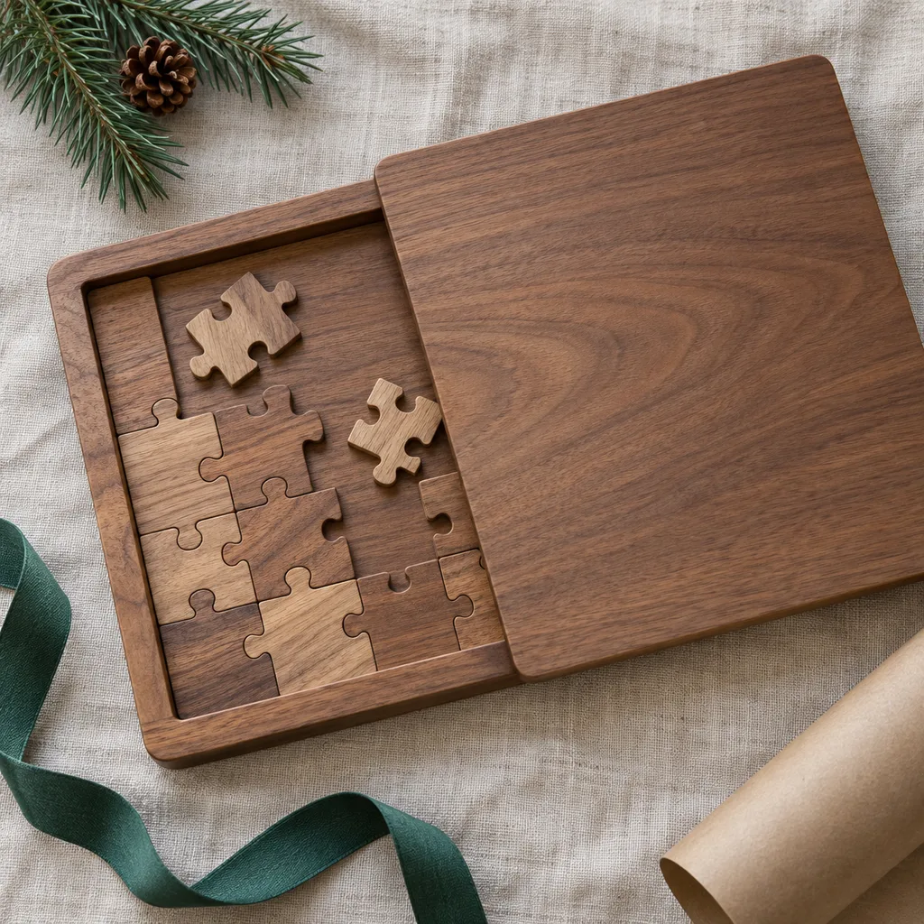 Representative photo-style image of solid wooden puzzle board with cover — generated, not a specific product