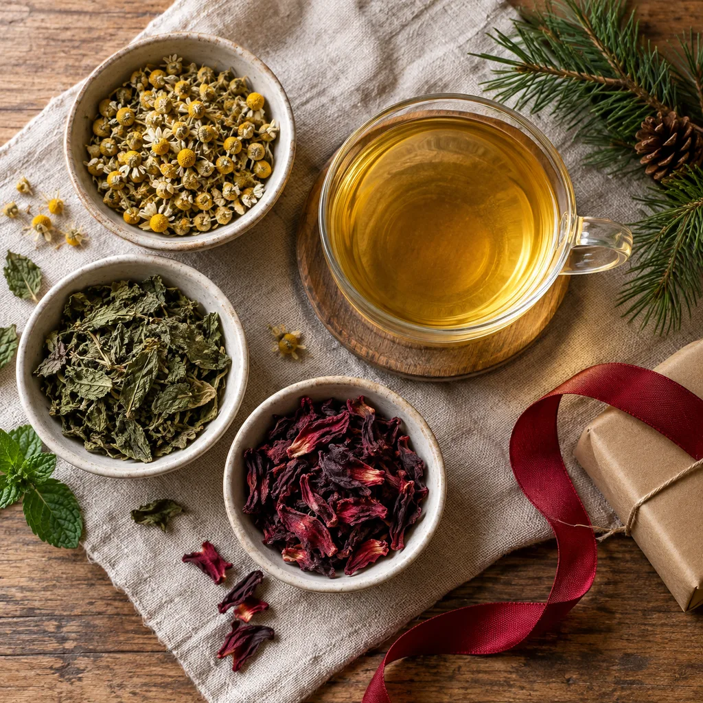 Representative photo-style image of soothing herbal wellness tea assortment — generated, not a specific product