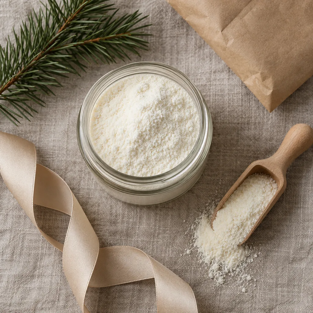 Representative photo-style image of soothing powdered milk bath — generated, not a specific product