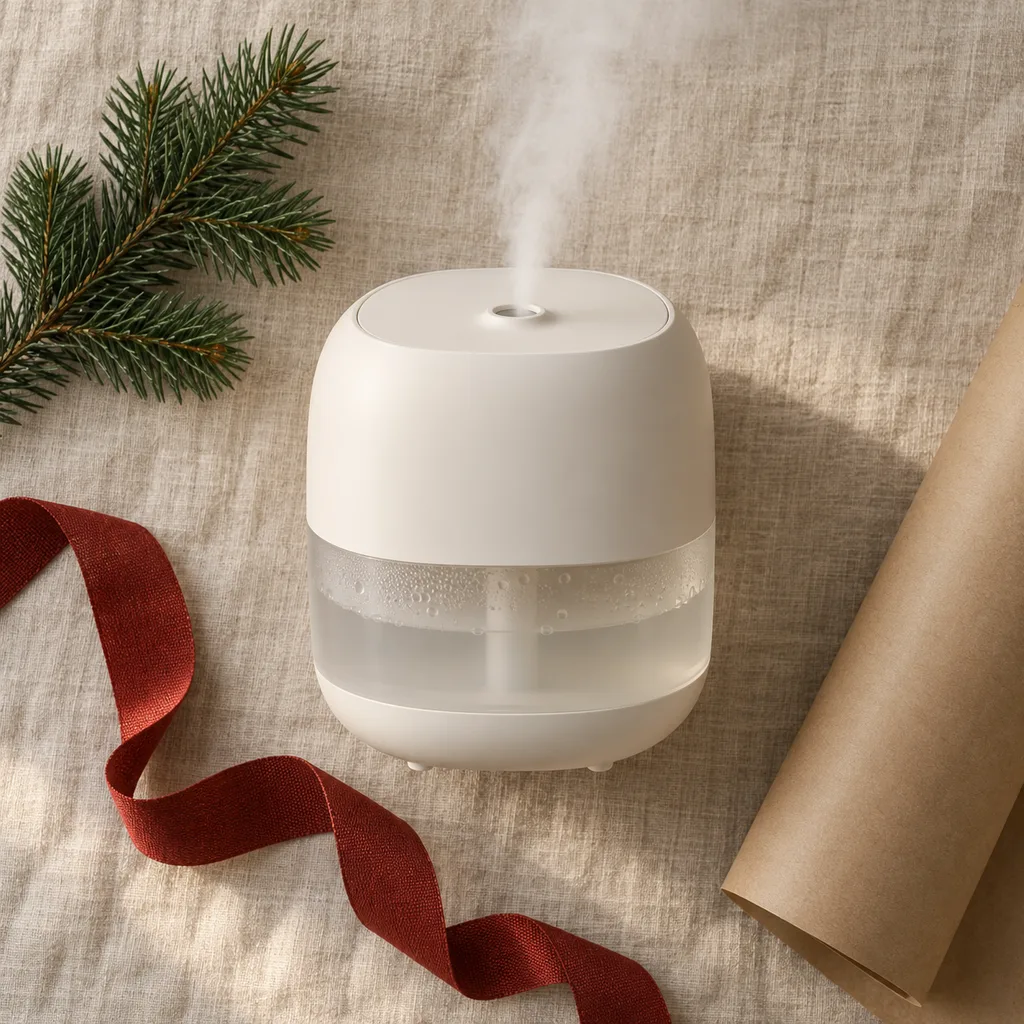 Representative photo-style image of soothing warm mist humidifier — generated, not a specific product