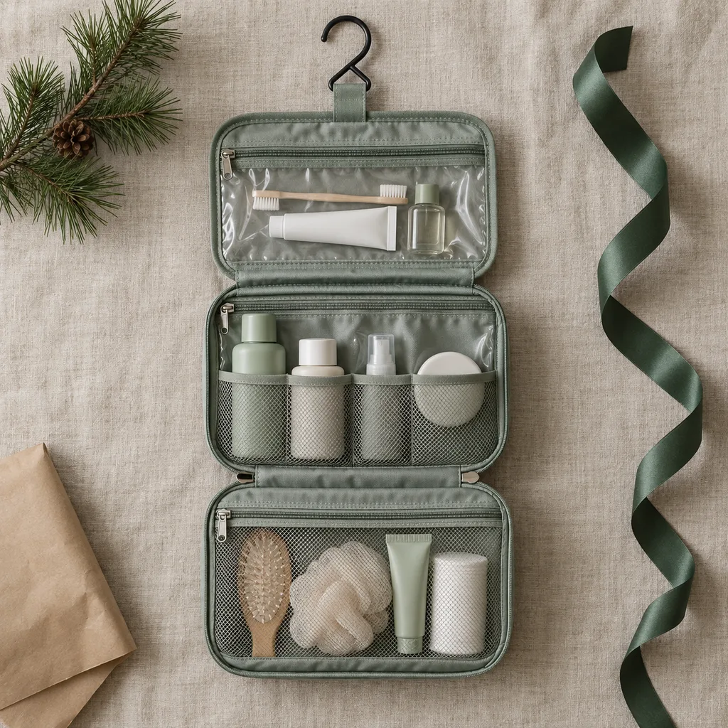 Representative photo-style image of space-saving hanging toiletry organizer — generated, not a specific product