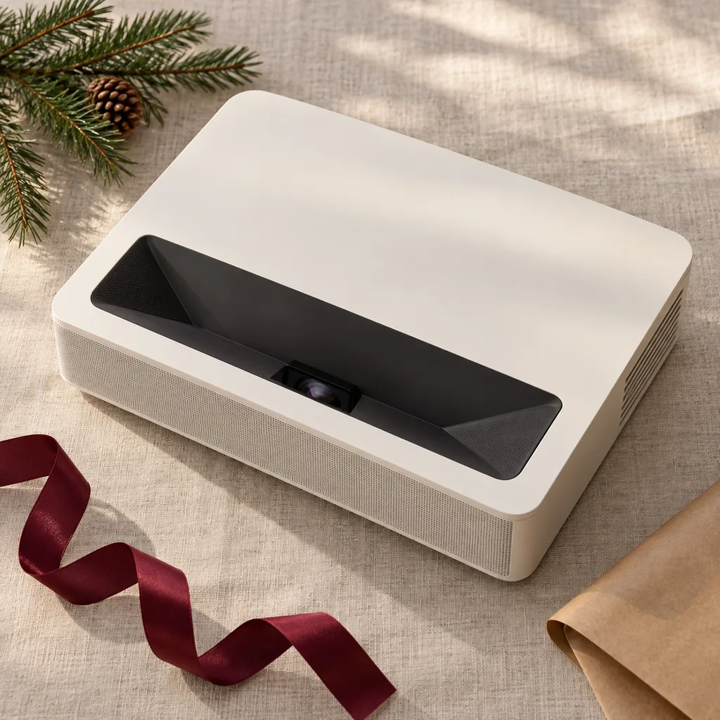Representative photo-style image of space-saving ultra short throw projector — generated, not a specific product