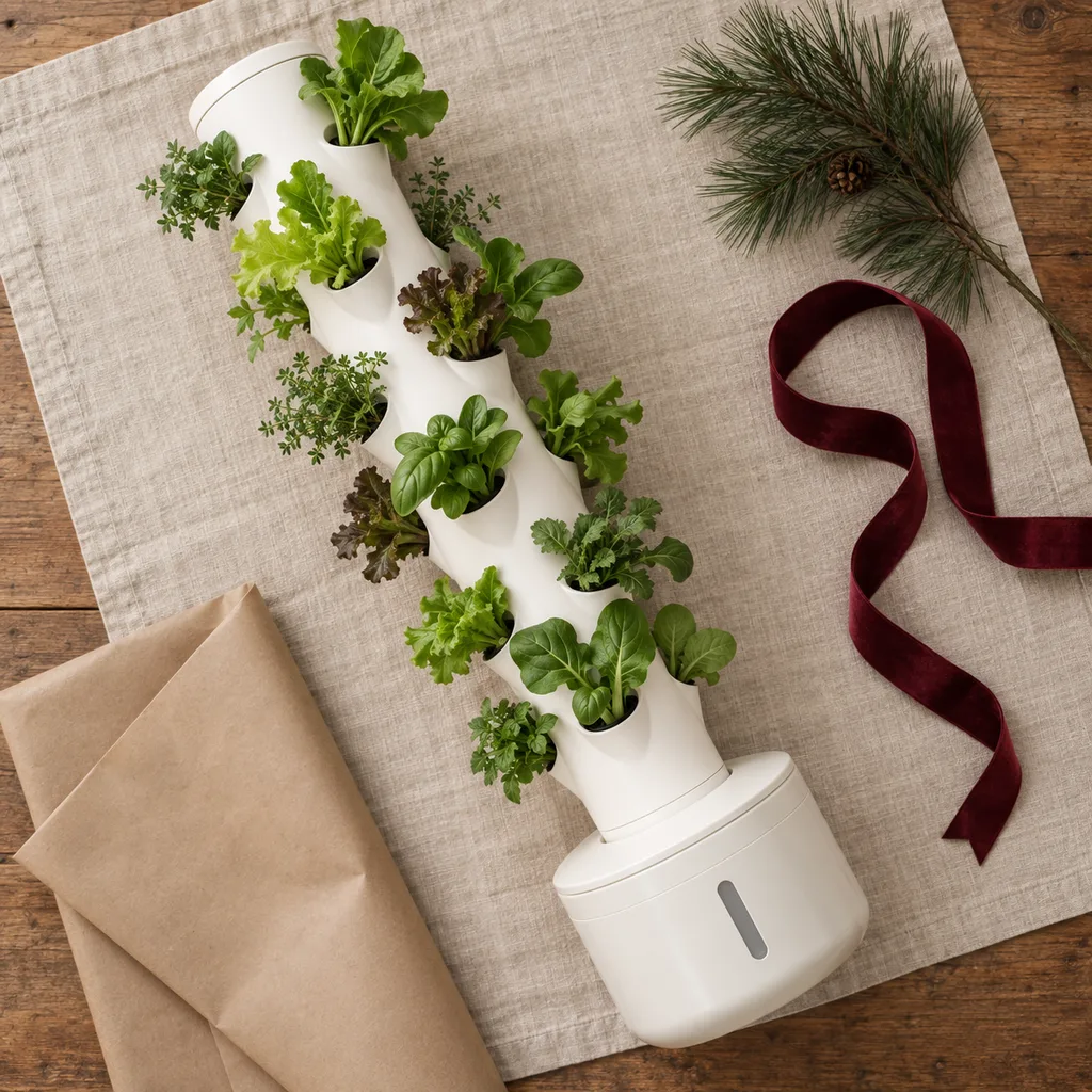 Representative photo-style image of space-saving vertical hydroponic growing tower — generated, not a specific product