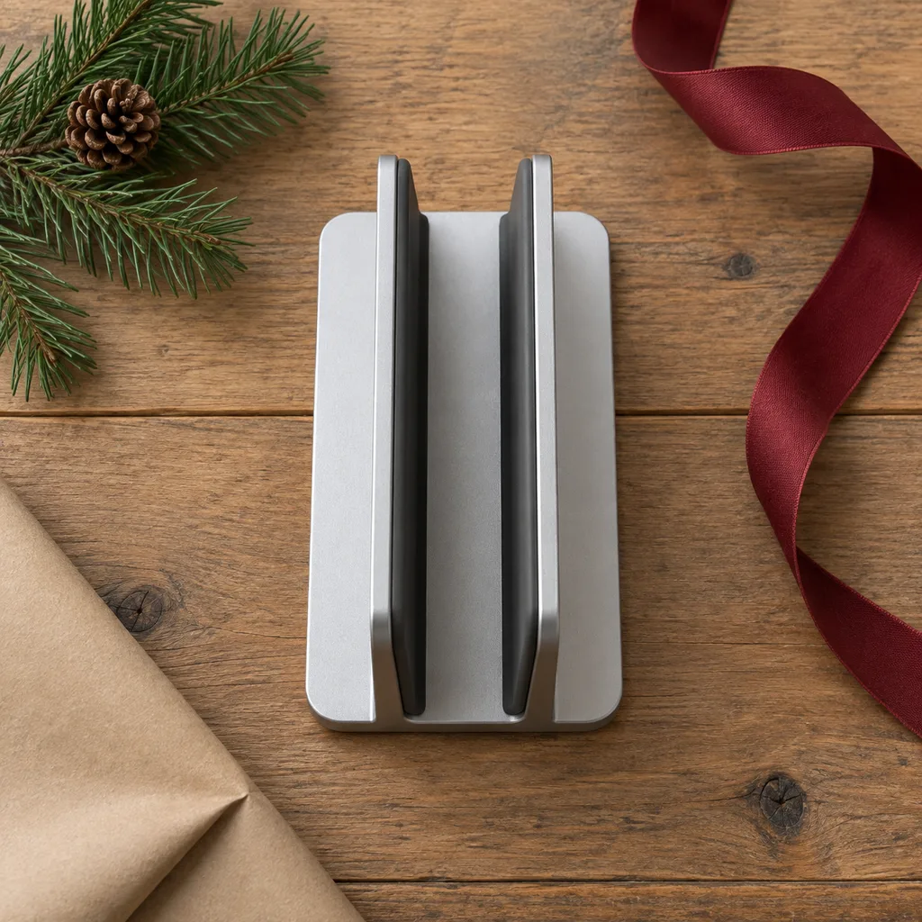 Representative photo-style image of space-saving vertical laptop stand — generated, not a specific product