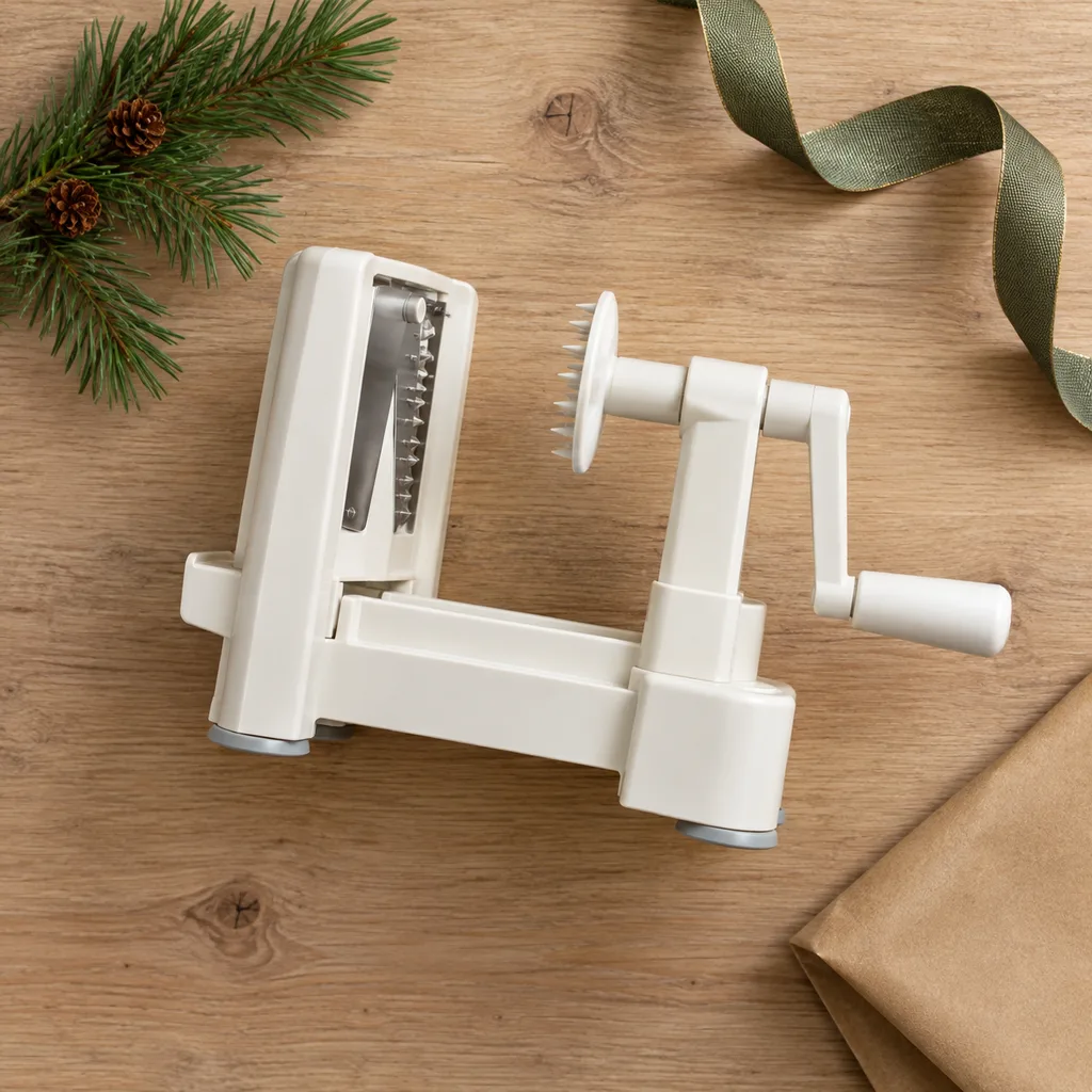 Representative photo-style image of space-saving vertical stand spiralizer — generated, not a specific product