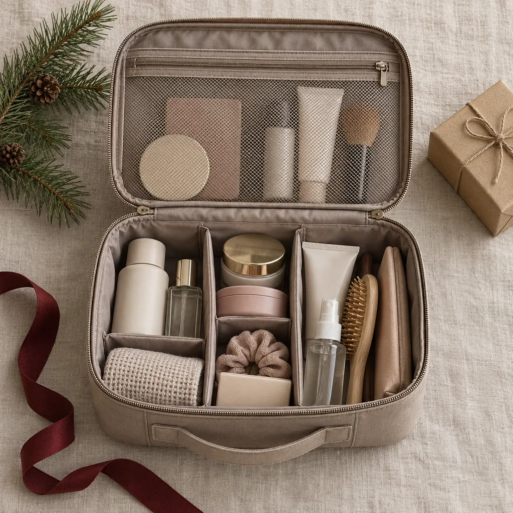 Representative photo-style image of spacious cosmetic train case — generated, not a specific product