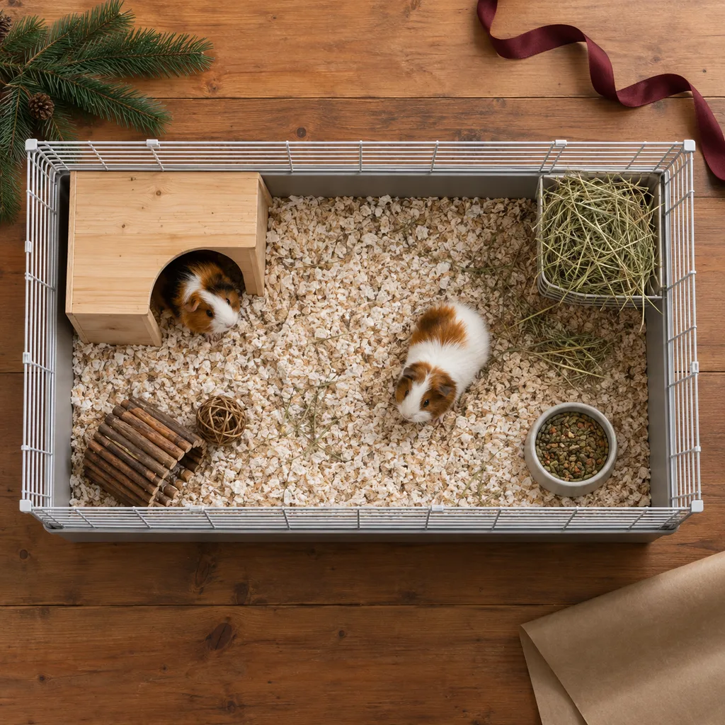 Representative photo-style image of spacious guinea pig enclosure — generated, not a specific product