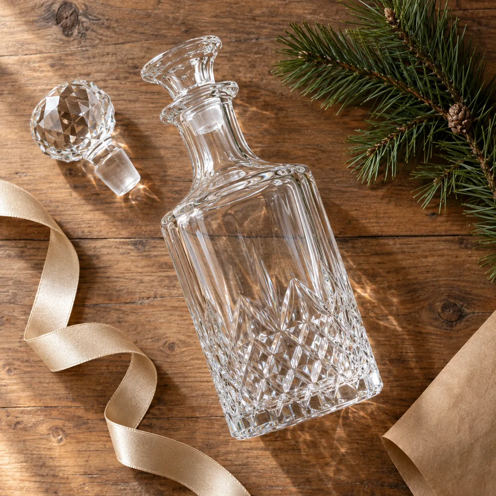 Representative photo-style image of sparkling crystal glass decanter — generated, not a specific product