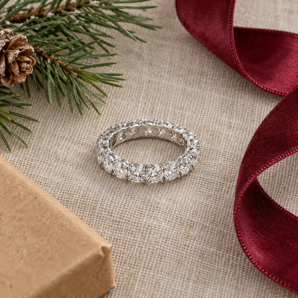 Representative photo-style image of sparkling gemstone eternity band — generated, not a specific product