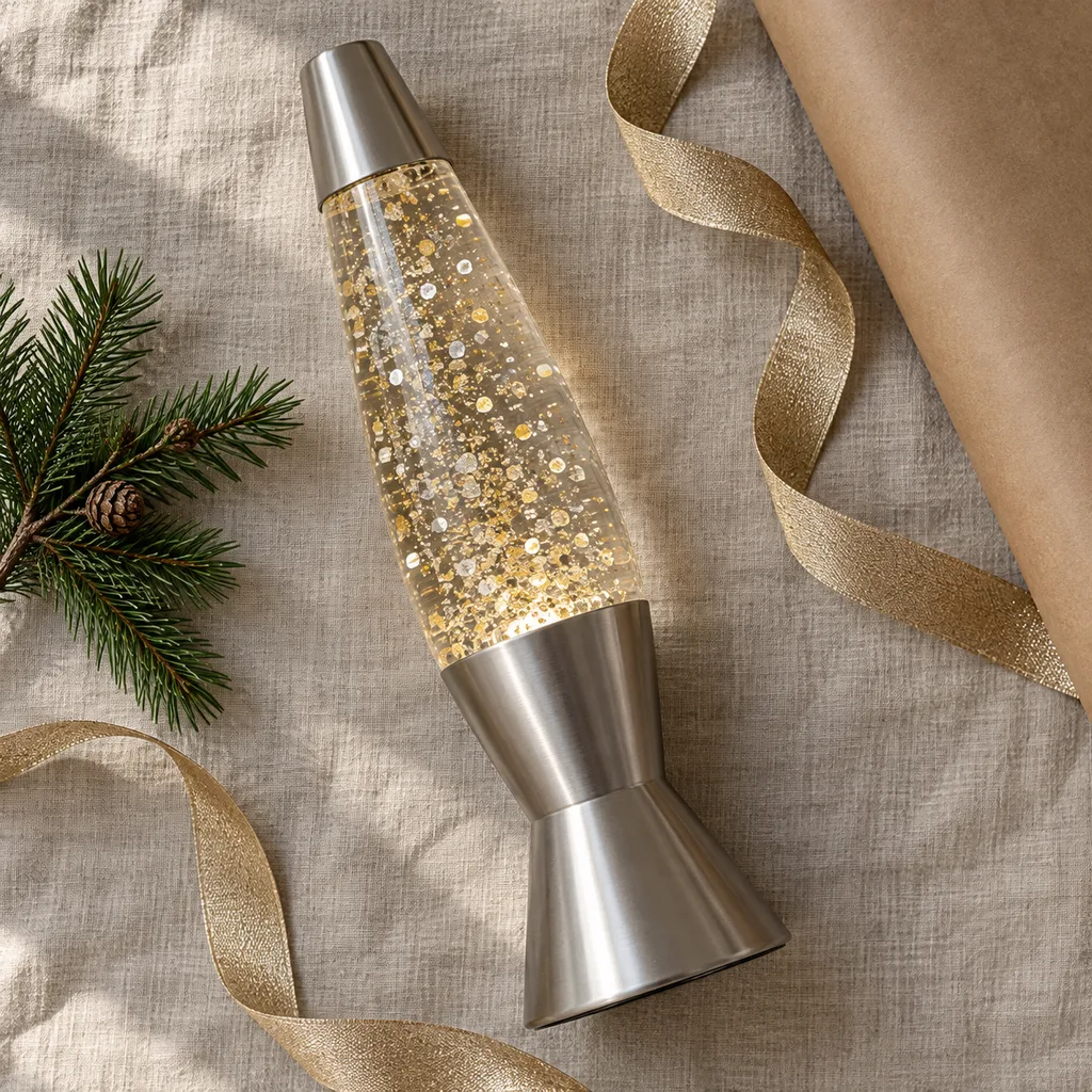 Representative photo-style image of sparkling glitter motion lamp — generated, not a specific product