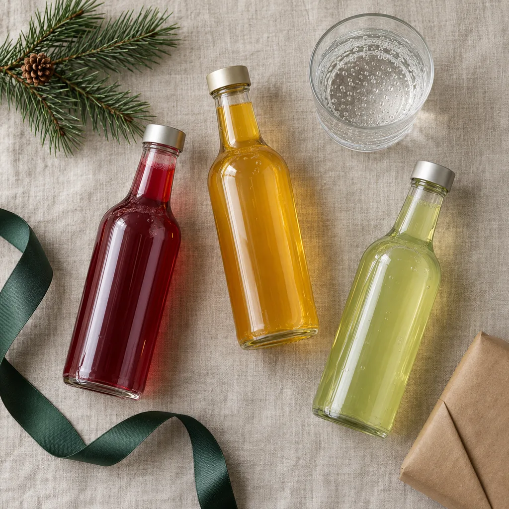 Representative photo-style image of sparkling water flavoring syrups — generated, not a specific product